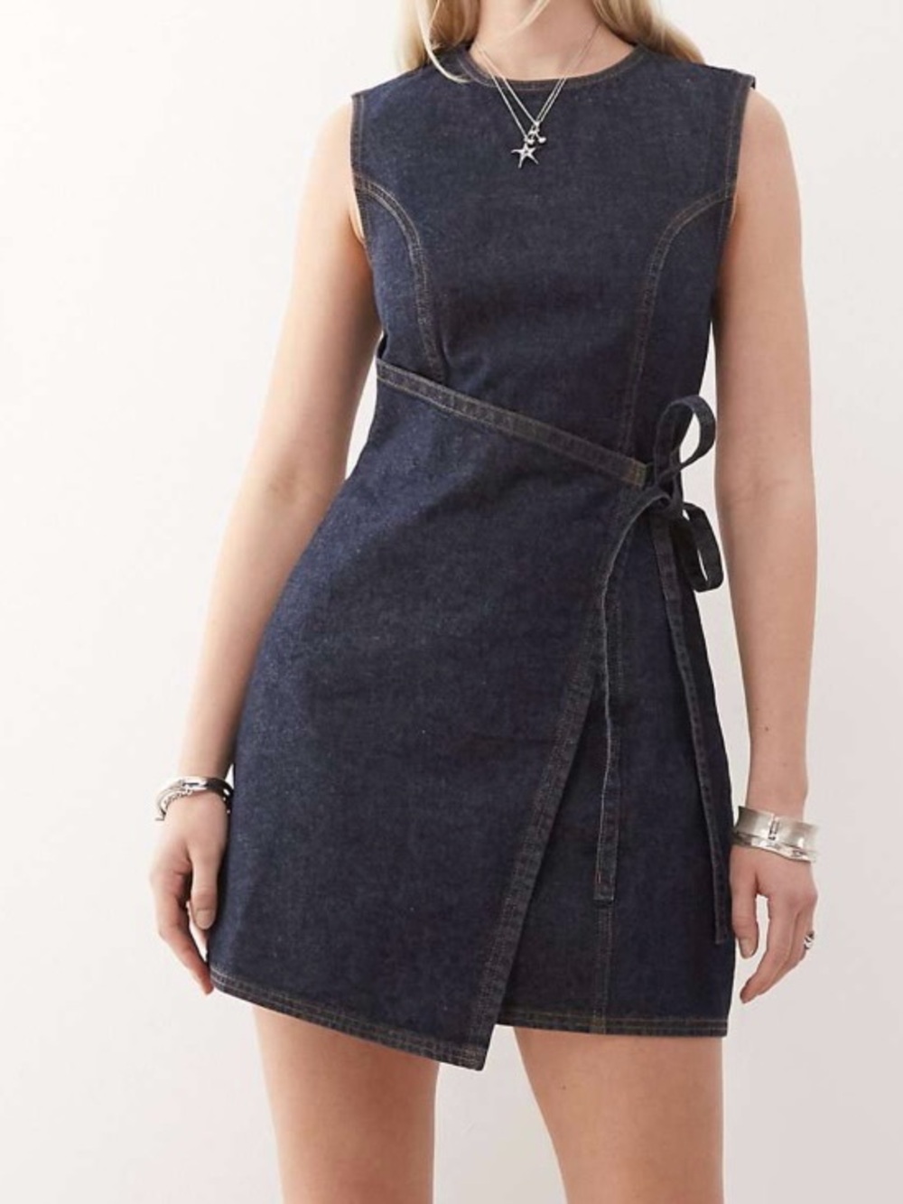 Sleeveless Dark Denim Wrap Mini Dress with Side Tie